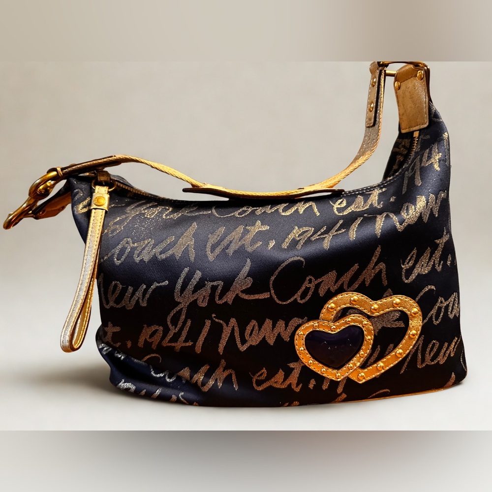 Coach Poppy Signature Limited Edition Script Lurex Hobo Shoulder Bag - Dark Navy - Picture 1 of 10